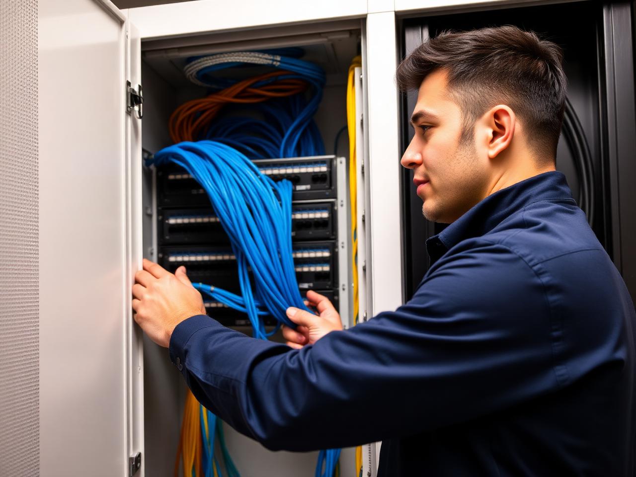 Technician installing structured cabling
